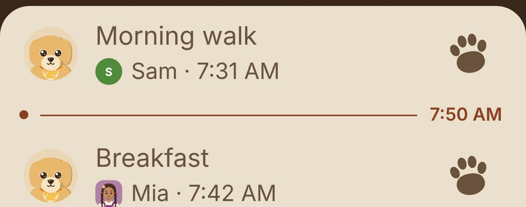 The board after: Morning walk done by Sam at 7:31 AM, Breakfast done by Mia at 7:42 AM, each with a paw stamp.