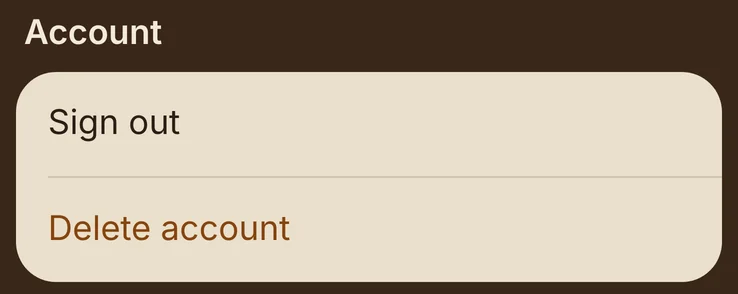 The Account part of Settings in the app, with Sign out and Delete account